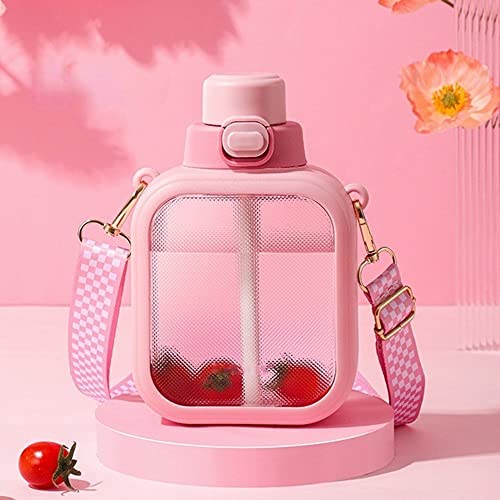 NUFR 24 Oz Square Transparent Water Bottle, Cute Portable Travel Canteen with Adjustable Strap 700ml (Pink)