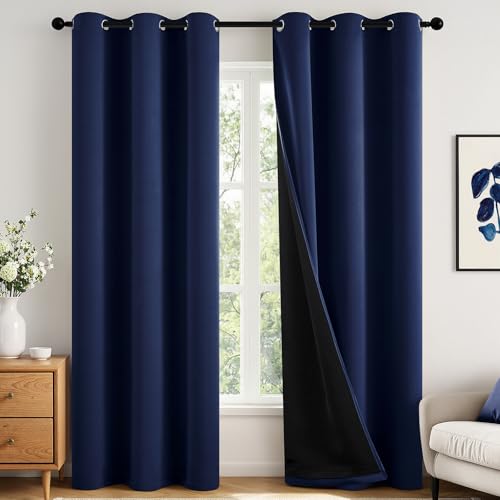 Image of MIULEE Navy Blue 100% Blackout Curtains for Bedroom 96 Inch Long Drapes | 2 Thick Layers Thermal Insulated Window Curtains with Black Liner, Noise Reducing Grommet, Drapes for Living Room, 2 Panels