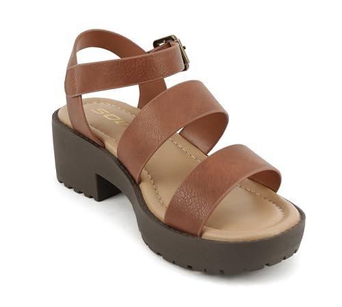 Image of Soda ACCOUNT-2 ~ Little Kids /Children /Girls Open Toe Two Bands Lug sole Fashion Block Heel Sandals with Adjustable Ankle Strap