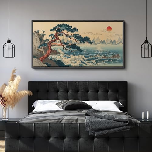 Image of MUDECOR Extra Large Framed Canvas Print Wall Art Traditional Asian Coastal Pine Tree Sunrise Landscape Antique Retro Ready to Hang Painting for Living Room Bedroom Multi-Sizes - 60 inchx30 inch