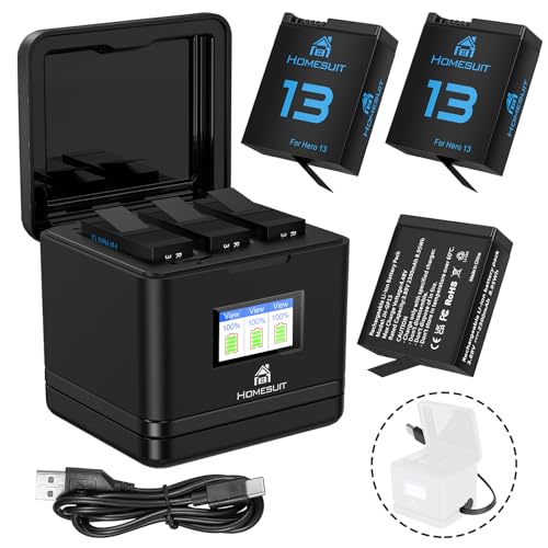 Homesuit Enduro Rechargeable Batteries 2300mAh & 3-Slots LCD Battery Charger for HERO13 Black Replacement Battery Accessory with Type-C (3-Pack)