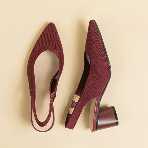 Women's Knitted Pointed Toe Slingback Heels Pumps,Comfortable Elastic Band Chunky Heel Sandals Low Heel Slip On Casual Work Office Dress Shoes4