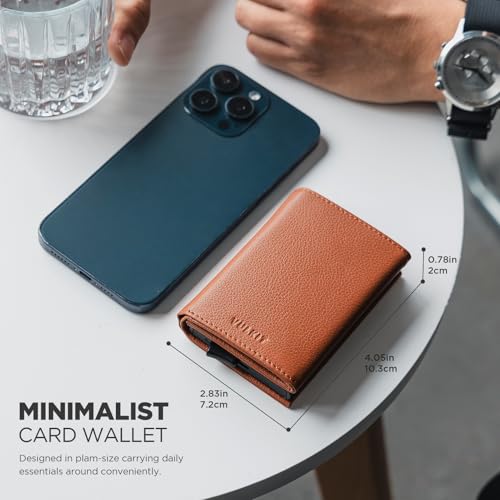 Image of VULKIT Pop up Card Wallet Minimalist Cash Wallets RFID Blocking Leather Smart Credit Card Holder with ID window for Men, Top-Grain Cowhide Litchi Brown, Compact, Minimalist