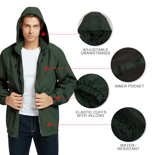 Mywu Jaqueta masculina corta-vento leve, impermeável, com capuz, corrida, caminhada, ciclismo, Verde