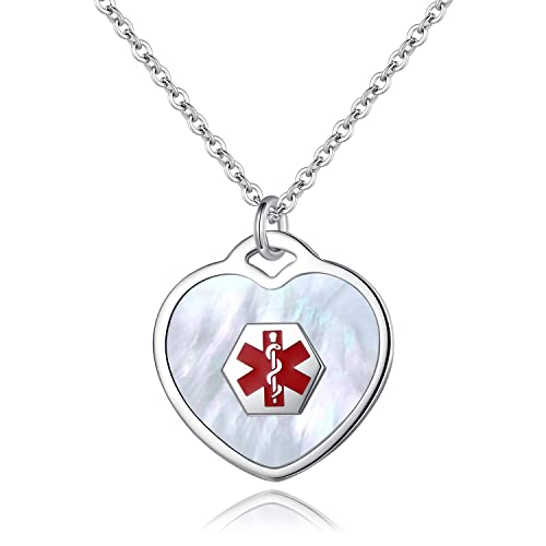 Linnalove Pearl/Shell Stainless Steel Heart Medical Alert Necklace For Women Free Engraving-24 In Chain #TOP30
