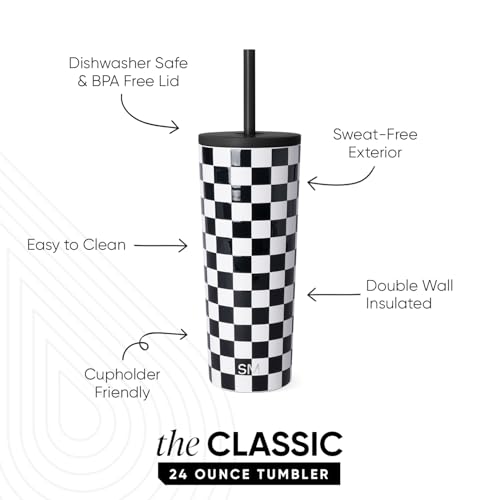 Image of Simple Modern Classic Tumbler with Straw Lid | Insulated Iced Coffee Cup Reusable Stainless Steel Water Bottle Travel Mug | Gifts for Women Men Her Him | 24oz | Black and White Checkmate