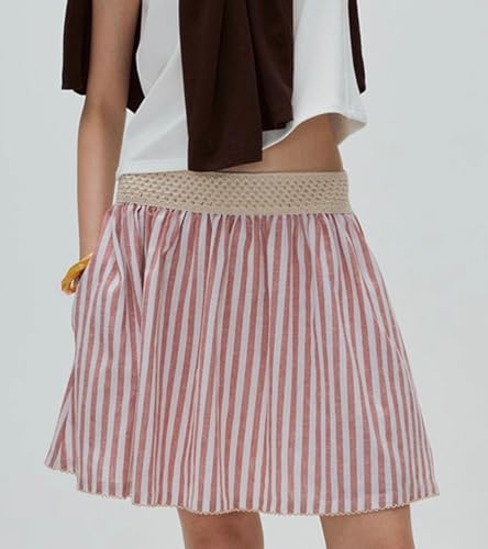 CHARTOU Women Summer Stripes Mini Skirt Striped Crochet Boho Chic Cotton Linen Beach Skirt with Pockets3