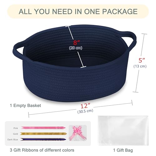 COMSE Small Woven Basket with Gift Bags and Ribbons, Gift Basket Empty, Nursery Organisers Storage for Baby Toy, Cotton Rope, 30.5 x 20 x 13 CM, Navy Blue - Cosy Home Interiors COMSE Small Woven Basket with Gift Bags and Ribbons, Gift Basket Empty, Nursery Organisers Storage for Baby Toy, Cotton Rope, 30.5 x 20 x 13 CM, Navy Blue - Image 2