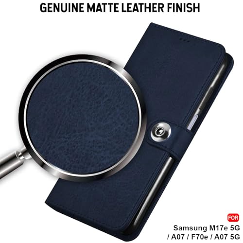 Image of TheGiftKart Flip Cover Back Case for Samsung Galaxy M17e 5G / A07 / F70e / A07 5G | Genuine Leather Finish | Designer Button | Inbuilt Pockets & Stand | Flip Back Cover Case (Faux Leather, Blue)