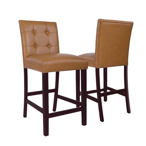 Image of HomePop Button Tufted Counter Stool, 24-Inch, Carmel Faux Leather (Set of 2)