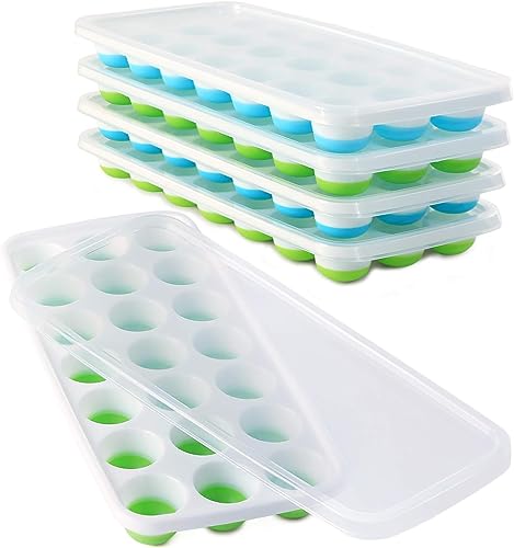 Image of Silicone Ice Cube Tray Round Shape | Flexible Ice Mould with Lid | Stackable Ice Cube Tray for Freezer | Easy Release Ice Maker | Food Grade Ice Tray | Green & Blue