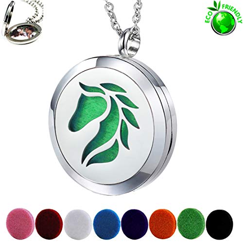 Popeoiuh Essential Oil Diffuser Necklace -Aromatherapy Jewelry Stainless Steel Horse Animal Locket Pendant With 24" Chain 8 Pads -Birthday Christmas Jewelry Gift For Women Men #TOP1