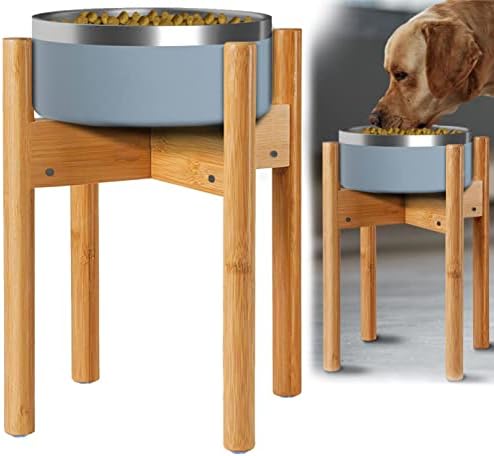 Dog Bowl Stand - Large Dogs Food or Water Feeder Holder - Adjustable Widthand 8"-11" Wide, (Height 14" Tall) - Natural Bamboo Wood