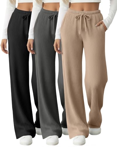 Sweetyweee 3 Pack Women's Ribbed Knit Lounge Pants Comfy Wide Leg Slacks with Pockets Loose Yoga Sweatpants Casual Joggers (Black, Dark Gray, Khaki,XX-Large)