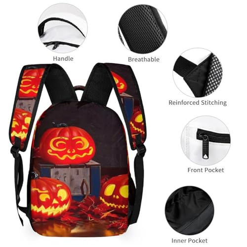 3Pcs Backpack Sets Glowing Halloween Pumpkin Print Travel Daypack 3 in 1 Lightweight Backpack Set with Lunch Bag And Cosmetic Bag3