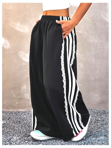 MakeMeChic Girl's Lace Striped Wide Leg Sweatpants Elastic Waist Athletic Baggy Pants4
