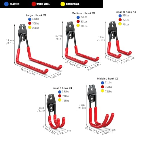 Image of 3-H Garage Wall Hooks 14 Pack,Garage Hooks Heavy Duty with Extra Welding Spots,Garage Hooks for Hanging,Garage Organizer for Garden,Lawn,Yard Tools,Chairs,Ladders,WeedEater,Shovel,Blower(Red)