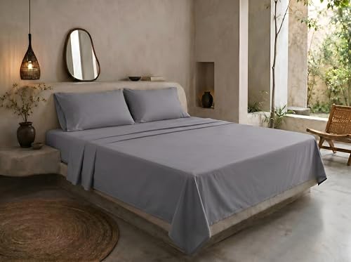 Image of Yorkshire Bedding Flat Sheet King Size 100% Egyptian Cotton 200 Thread Count Breathable and Fade Resistant Hotel Quality Grey Bed Sheets (270 cm x 298 cm)