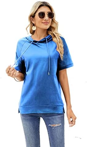 Deweey Womens Short Sleeve Hoodie Casual Sweatshirt Outdoor Top O Neck Solid T Shirt Blouse (Small, Blue)