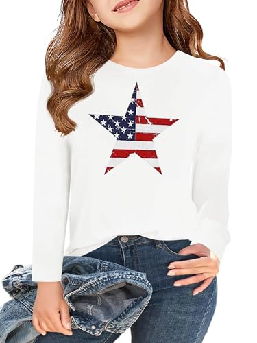 Image of Ithalt 4th of July Outfit Kids Girls American T Shirt USA T-Shirt Fourth of July Tops Patriotic Long Sleeve Tops
