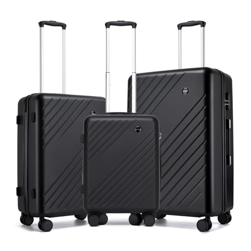 Kono Set Valise 3 Pièces, Valise Cabine 55cm 34L, Valise Soute Moyenne 66.5cm 61L, et Valise Grande Taille 76.5cm 94L, Lot Valise Rigide ABS+PC, Noir