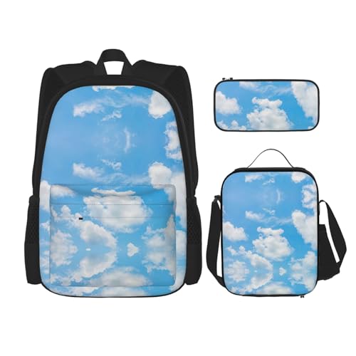 Sac à dos d'école fille garçon bleu ciel et blanc avec sacoche repas et trousse scolaire