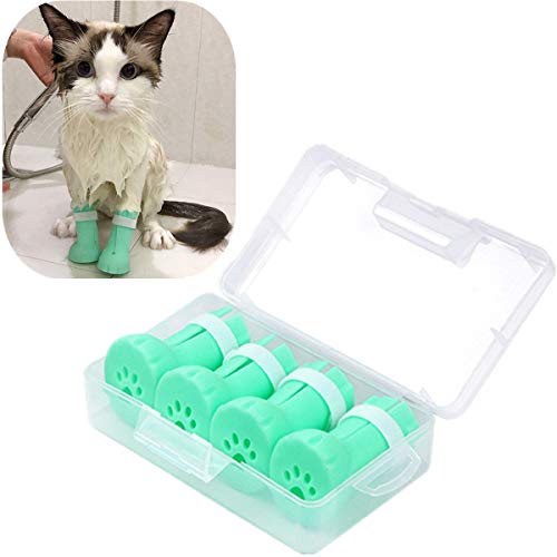 Elegantday Anti-Scratch Pet Boots Silicone Cat Bathing Shoes Adjustable Cat Paw Protector Cover for Home Bathing Wash, Barbering, Body Checking Treatment 4 PSC (Green)