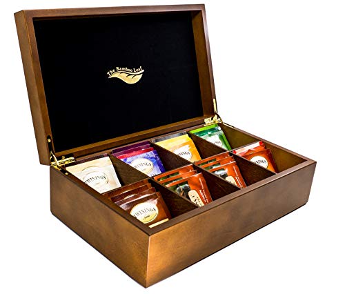 The Bamboo Leaf Tea Box Storage Organizer for Tea Collections, 8 Compartment w/Solid Lid (Walnut)