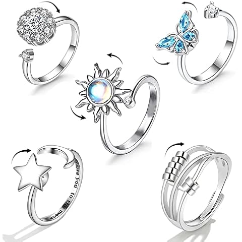 Hifot 5Pcs Anxiety Ring for Women, Silver Fidget Ring for Teen Girls, Adjustable Open Spinner Rings for Anxiety Women Daughter, Butterfly Moon and Star Adjustable Ring for Men Birthday Party Gifts Cover