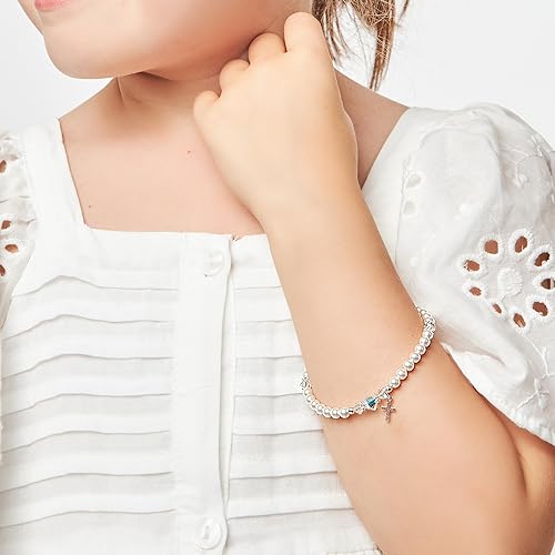 Image of Baby Crystals Personalized Baptism Pearl Bracelet for Girls, White Simulated European Pearls, Sterling Silver Cross Charm Initial Bracelet, Handmade Baptism Gifts for Girl, Girls Jewelry