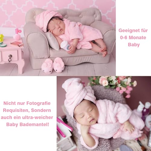 Xanewza 6 Stück Neugeborenen Fotografie Requisiten, Baby Fotoshooting Kostüme, Bademäntel Badetuch Outfit mit Hausschuhe Gurke Foto Requisiten für Kleinkind Jungen Mädchen 0-6 Monate(Rosa)
