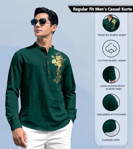 Image of Zombom Men's Cotton Polyester Blend Mandarin Collar Self One Design Printed Full Sleeve Casual Short Kurta Shirt