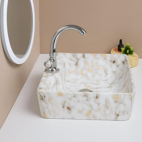 Image of Ceramic Table Top Wash Basin - Premium White Countertop Vanity Sink for Bathroom, Hotel and Home Washrooms, Modern Design, 19 x 14 x 5 Inch
