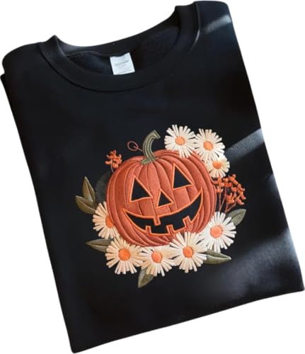 Floral Pumpkin Embroidered Sweatshirt, Spooky White Flowers Embroidery Shirt, Halloween Fall Season Gifts, Cute Daisy Top