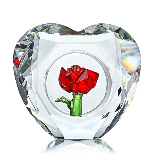 H&D Hyaline & Dora Crystal Red Rose Figurines Collectible With Outer Heart Ring, Glass Flower Ornament Paperweight Centerpieces For Home Table Decor #TOP8