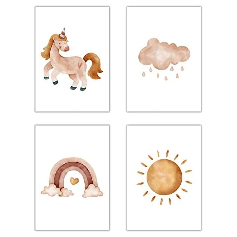Nursery Pictures Set of 4 Posters Boho Decoration Baby Room Girl Unicorn Rainbow Cloud Sun Cover