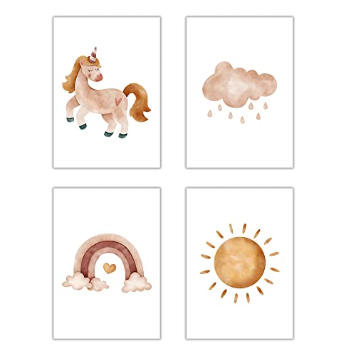 Kinderzimmer Bilder 4er Set Poster Boho Deko Babyzimmer Mädchen Einhorn Regenbogen Wolke Sonne Cover