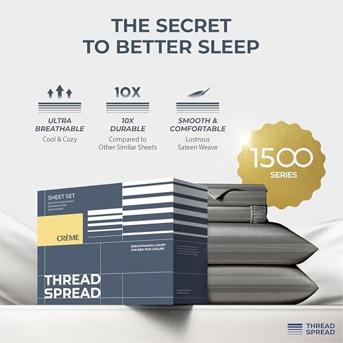 Image of THREAD SPREAD 100% Egyptian Cotton Damask Sheets Queen Size - Luxury 1500 Series Queen Sheet Set Egyptian Cotton (4 PC, Dark Grey Stripe), Silky Soft, Sateen & Cooling, 17 inch Deep Pocket Bed Set