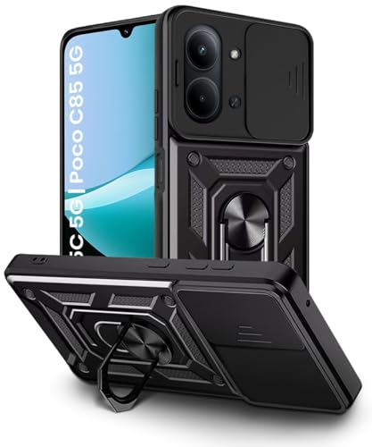 Image of WOW IMAGINE Tough Armor Bumper Mobile Back Case for Mi Redmi 15C 5G | Poco C85 5G | Sliding Camera Cover | Shock Proof 360 Protection | Hybrid PC + TPU | Ring Holder with Kickstand - Black
