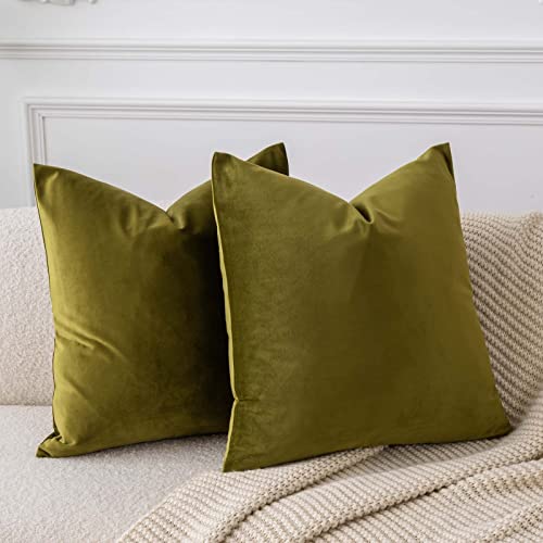 Image of JUSPURBET 24x24 Decorative Velvet Throw Pillow Covers Set of 2,Olive Green | Modern Soft Cushion Covers Cases with Invisible Zipper for Couch Sofa Bed Living Room Bedroom Home Decor