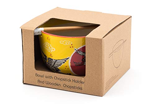 Fuji Merchandise Japanese Design Quality Ceramic Ramen Udong Noodle Bowl with Chopsticks Gift Set 6.25 Inch Diameter (Japanese Crane)