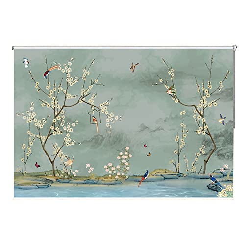 Roller Blinds, Green Bird Floral Pull Down Curtains, for Windows, Reduce Noise Thick Patterned Roller Blinds