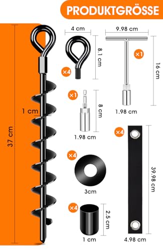 Schwerlast Bodenanker 4 Pack,Robust voll verschraubter Erdanker mit Gurten zur Befestigung von Trampolinen, Vordächern, Schaukeln usw