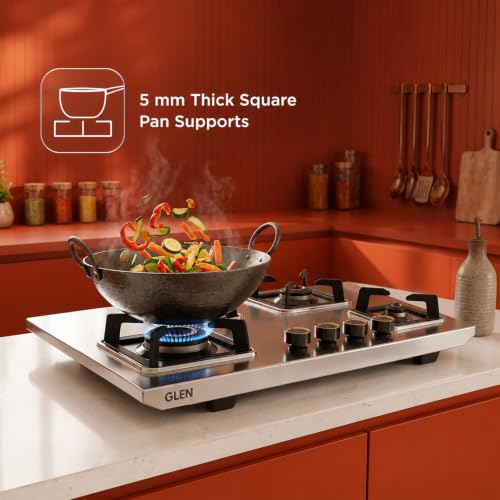 Image of Glen 4 Burner Stainless Steel LPG Gas Stove | 10 Years warranty on Burners and Gas Valve | 1 Jumbo Forged Brass Burner | Ultra Tough Body | Manual Ignition | 360 Revolving Brass Nozzle | 1054UTTNDTSS