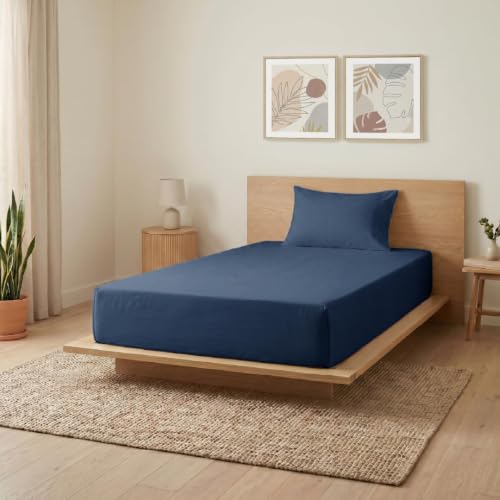 Image of Blue Dahlia 100% Cotton, Single Bedsheet (60 inch x 90 inch) +1 Pillow Cover, Percale Weave, 200TC Solid Premium Bedsheet, Colour: Navy