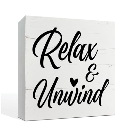 Relax and Unwind Sign, Rustic Wood Sign, Easy Vibe Home Decor, Office Decor, Decorative Wooden Desk Sign, Farmhouse Wood Sign, Bathroom Decor, Home Decor for Shelf, Box Sign Tabletop Decor