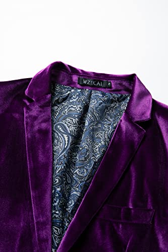 Wzikai Mens Velvet Blazer One Button Slim Fit Solid Fashion Suit Jacket Sport Coat For Wedding Prom Dinner Party Purple L #TOP2