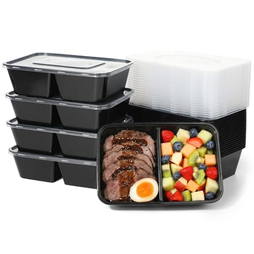 Jogoico 25 Pièces Meal Prep Containers 650ml Plastique Boite Alimentaire 2 Compartiment Réutilisables avec Couvercles Boîtes à Repas Récipient Fraîcheur Résistants