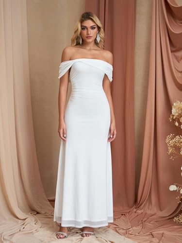 Image of KUTUMAI Women Floral Off Shoulder Maxi Dress Summer Ruched Bodycon Long Formal Wedding Guest Dresses 2026