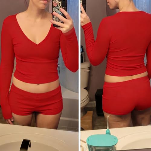 Image of Dressmine Sexy Pajamas Set for Women Spring Pj Lounge Sets 2 Piece Cute Sleepwear Long Sleeve V Neck Y2K Tops Shorts